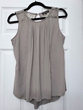 HeartSoul Taupe Lace-Yoke Pleated Sleeveless Camisole